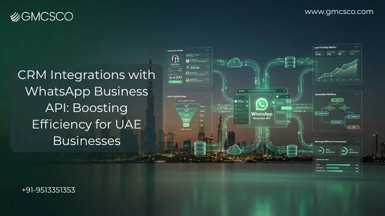 CRM integration with WhatsApp Business API dashboard for UAE businesses showing automation workflows and customer data analytics with Dubai skyline background.