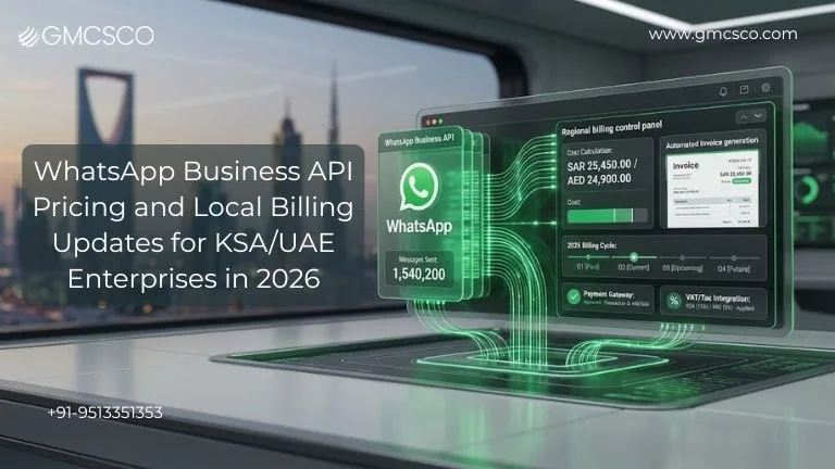 WhatsApp Business API pricing and local billing updates for KSA and UAE enterprises in 2026 showing SAR and AED regional cost dashboard.