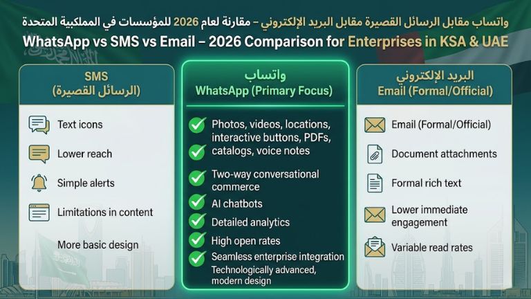WhatsApp vs SMS vs Email – 2026 Comparison for Enterprises in KSA & UAE