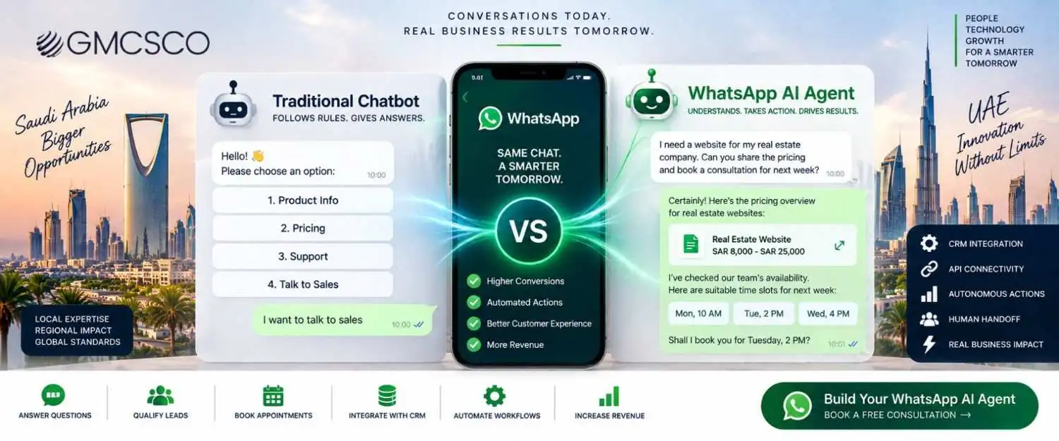 WhatsApp AI Agent vs Chatbot 2026 Guide GMCSCO